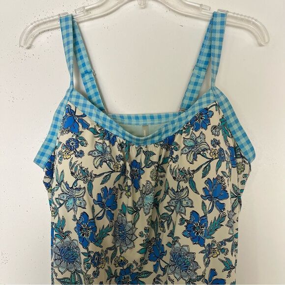 Lands End Swim Top 14 DD Tankini Modest Padded Bra Blue Floral Check Plaid EUC - Picture 2 of 8